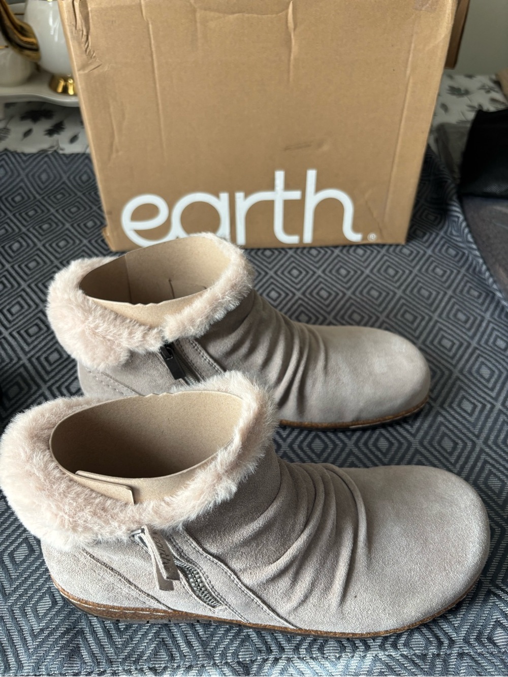 Earth Light Taupe Suede Ankle Booties with Faux Fur Collar